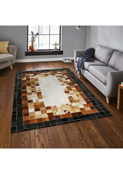 Siyah & Kahverengi Kare Desenli Dana Derisi Patchwork Halı 240 x 340 cm