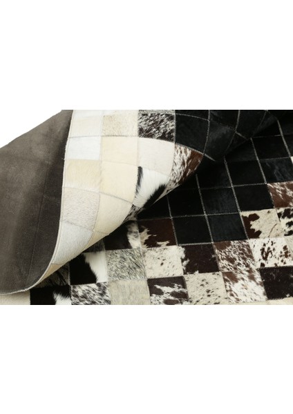 Krem & Siyah Doğal Dana Derisi Patchwork Halı 140 x 200 cm