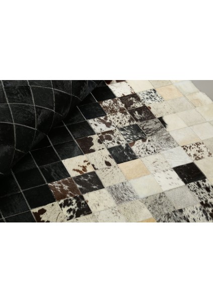 Krem & Siyah Doğal Dana Derisi Patchwork Halı 80 x 150 cm