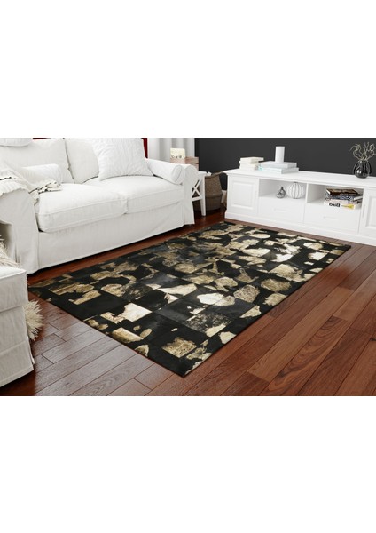 Krem & Siyah Patchwork Doğal Dana Derisi Halı 80 x 150 cm