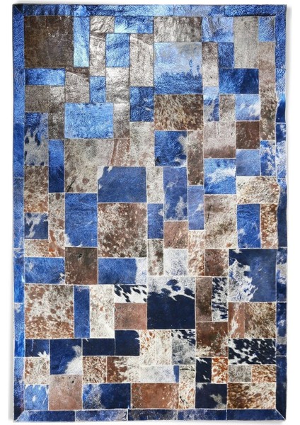 Mavi & Gümüş Varaklı Dana Derisi Patchwork Halı 80 x 150 cm