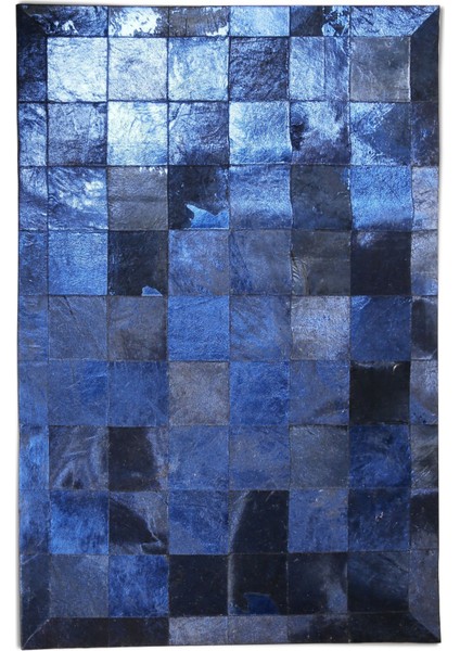 Mavi Varaklı Doğal Dana Derisi Patchwork Halı 80 x 150 cm