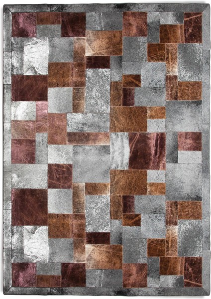 Mor & Gümüş Varaklı Dana Derisi Patchwork Halı 140 x 200 cm