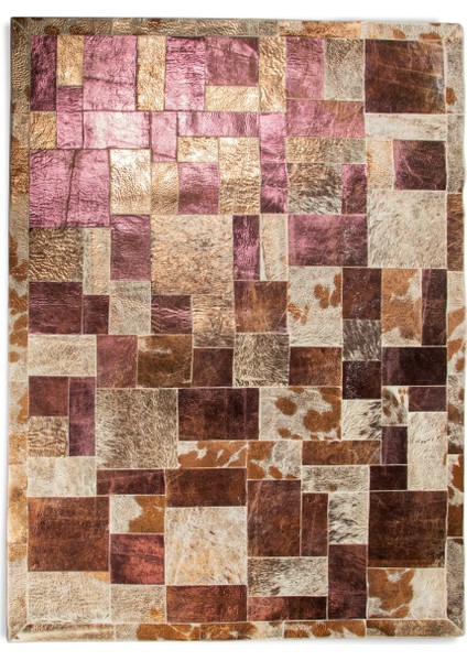 Mor Varaklı Bronz Dana Derisi Patchwork Halı 80 x 150 cm