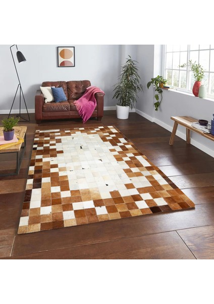 Kahverengi & Beyaz Doğal Dana Derisi Patchwork Halı 140 x 200 cm fiyatları