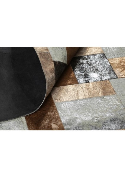 Kahverengi & Krem Gold Varaklı Dana Derisi Patchwork Halı 200 x 300 cm modelleri