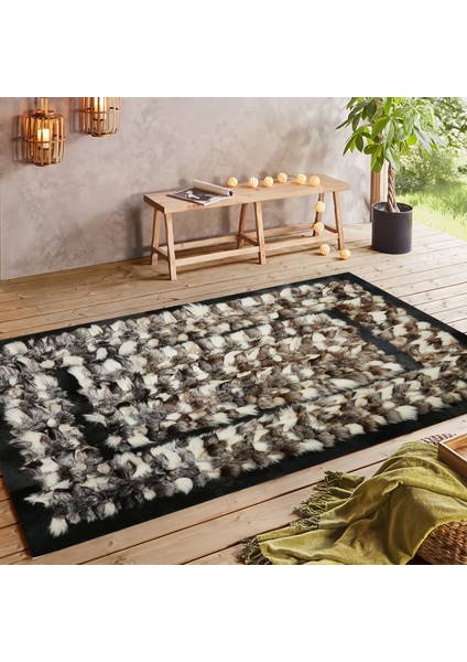 Siyah Dana Derisi Bordürlü Renkli Doğal Kürk Halı 80 x 150 cm modelleri