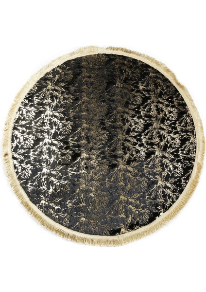 Gold Varaklı Kuş Ayağı Modelli Siyah Peluş Yuvarlak Halı 150 x 150 cm