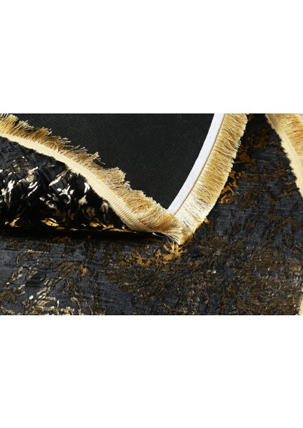 Gold Varaklı Kuş Ayağı Modelli Siyah Peluş Yuvarlak Halı 150 x 150 cm