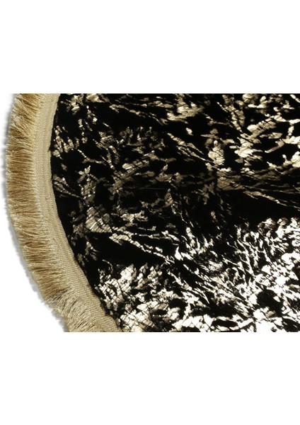 Gold Varaklı Kuş Ayağı Modelli Siyah Peluş Yuvarlak Halı 150 x 150 cm