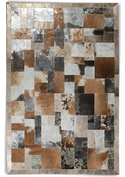 Kahverengi & Krem Gold Varaklı Dana Derisi Patchwork Halı 120 x 180 cm
