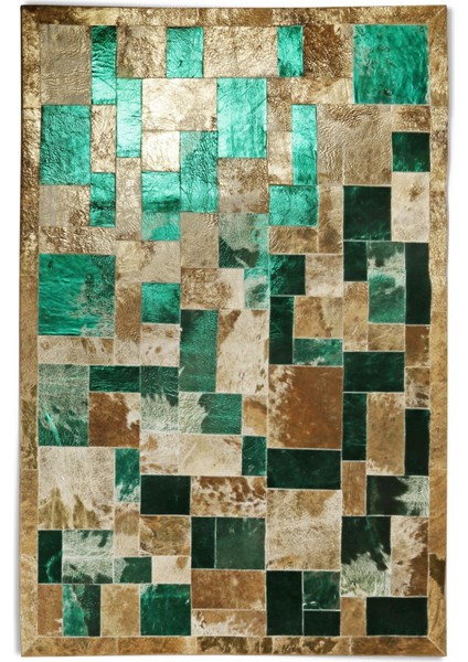 Gold & Yeşil Varaklı Dana Derisi Patchwork Halı 80 x 150 cm