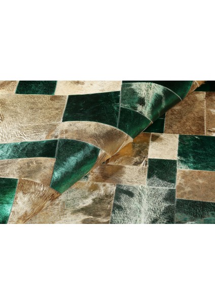 Gold & Yeşil Varaklı Dana Derisi Patchwork Halı 80 x 150 cm
