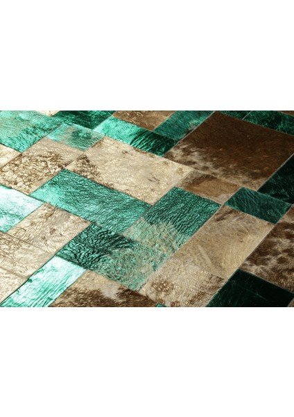 Gold & Yeşil Varaklı Dana Derisi Patchwork Halı 80 x 150 cm