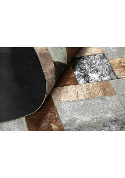 Kahverengi & Krem Gold Varaklı Dana Derisi Patchwork Halı 120 x 180 cm