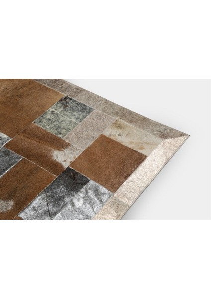 Kahverengi & Krem Gold Varaklı Dana Derisi Patchwork Halı 120 x 180 cm