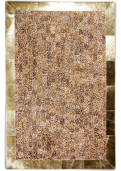 Gold Varaklı Leopar Desenli Doğal Dana Derisi Patchwork Halı 80 x 150 cm