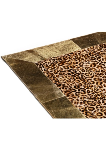 Gold Varaklı Leopar Desenli Doğal Dana Derisi Patchwork Halı 80 x 150 cm
