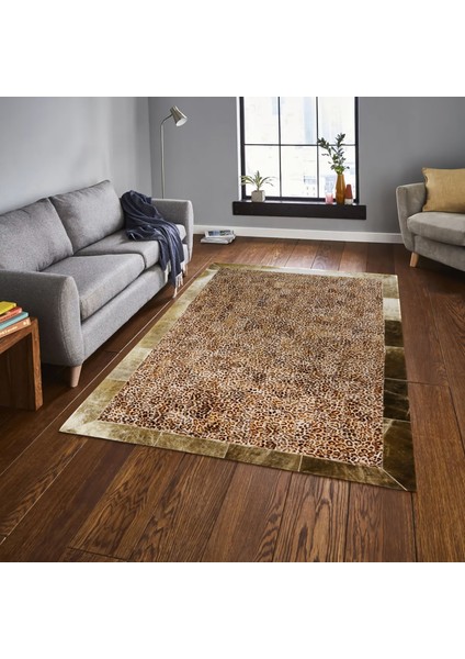 Gold Varaklı Leopar Desenli Doğal Dana Derisi Patchwork Halı 80 x 150 cm