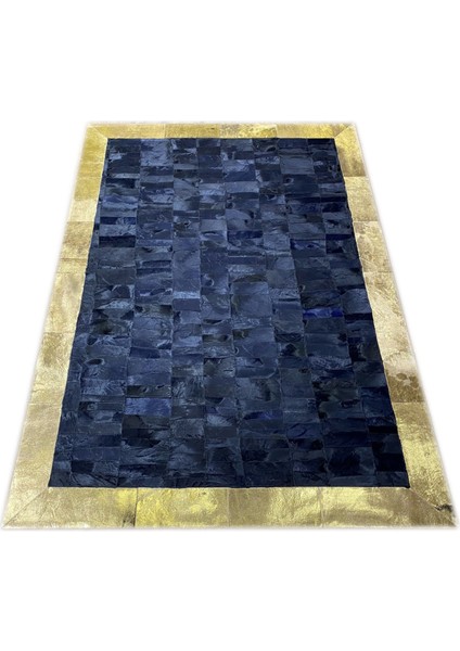 Gold Varaklı Lacivert Patchwork Doğal Deri Halı 240 x 340 cm
