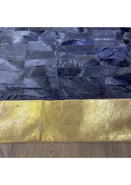Gold Varaklı Lacivert Patchwork Doğal Deri Halı 240 x 340 cm
