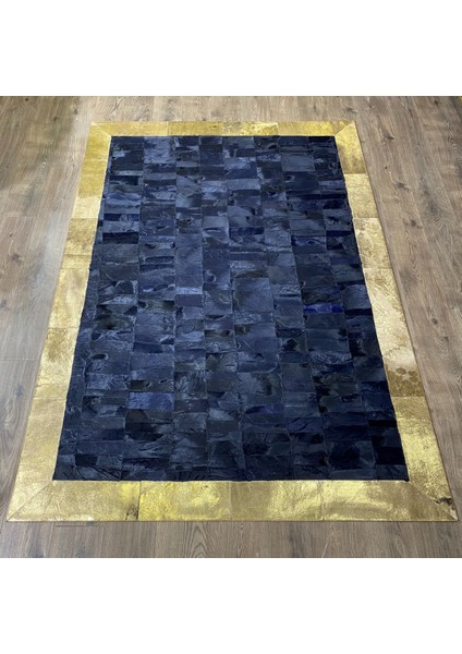 Gold Varaklı Lacivert Patchwork Doğal Deri Halı 240 x 340 cm
