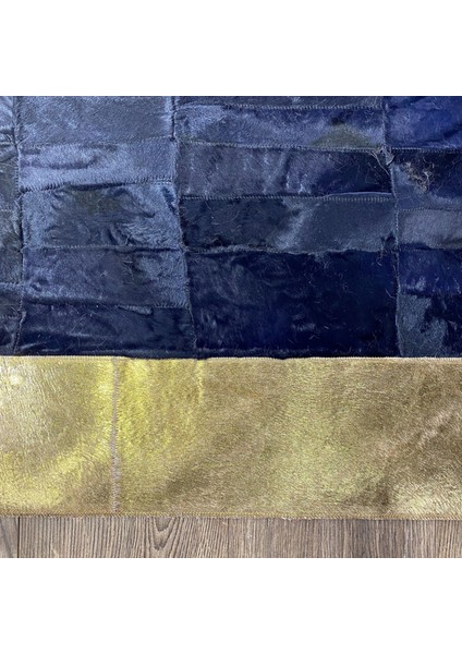Gold Varaklı Lacivert Patchwork Doğal Deri Halı 240 x 340 cm