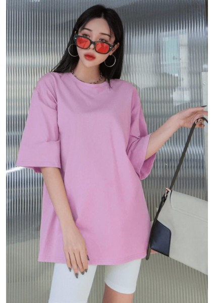 Açık Pembe Basic Düz Baskısız Oversize Salas Boyfriend Kadın T-Shirt