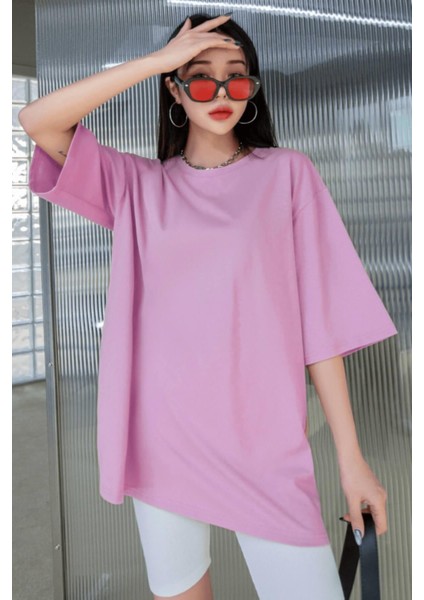 Açık Pembe Basic Düz Baskısız Oversize Salas Boyfriend Kadın T-Shirt