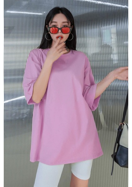 Açık Pembe Basic Düz Baskısız Oversize Salas Boyfriend Kadın T-Shirt