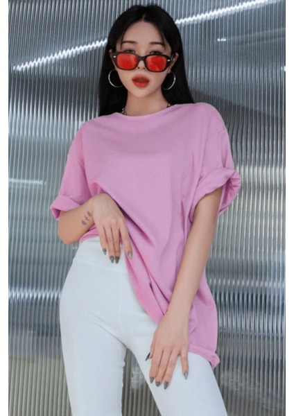 Açık Pembe Basic Düz Baskısız Oversize Salas Boyfriend Kadın T-Shirt
