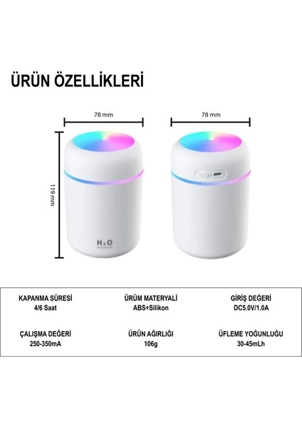 H2O Humidifier Hava Nemlendirici Oda Araç Ortam Nemlendirici Işıklı 3 Farklı Renk Buhar Makinesi modelleri