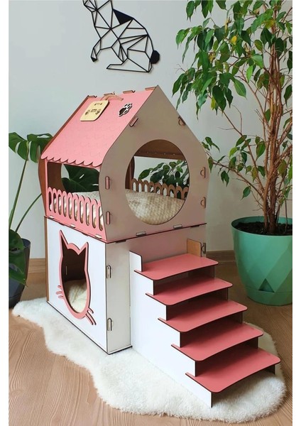 Dekoratif Ahşap Kedi Evi Teraslı 2 Katlı Merdivenli Kedi Evi Pembe - Beyaz
