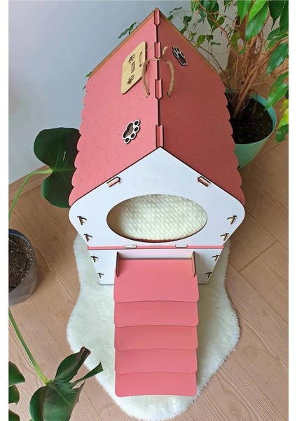 Dekoratif Ahşap Kedi Evi Teraslı 2 Katlı Merdivenli Kedi Evi Pembe - Beyaz modelleri