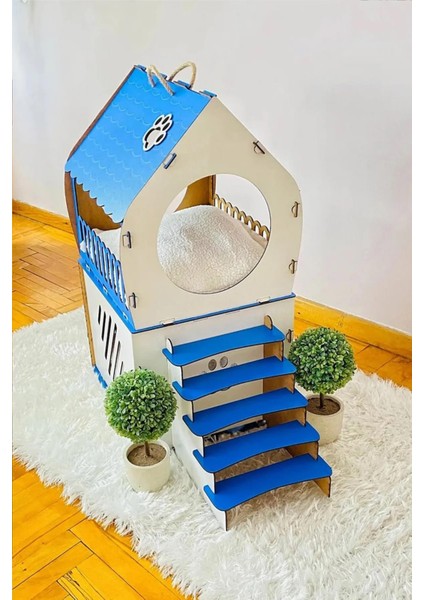Dekoratif Ahşap Kedi Evi Teraslı 2 Katlı Merdivenli Kedi Evi Mavi - Beyaz