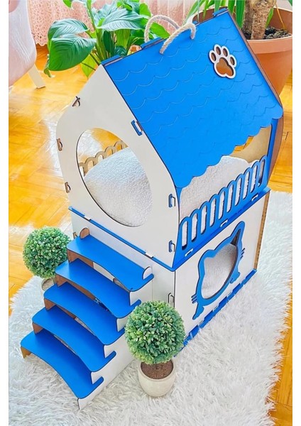 Dekoratif Ahşap Kedi Evi Teraslı 2 Katlı Merdivenli Kedi Evi Mavi - Beyaz fiyatları