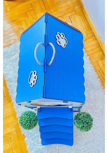 Dekoratif Ahşap Kedi Evi Teraslı 2 Katlı Merdivenli Kedi Evi Mavi - Beyaz modelleri