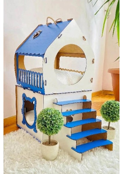 Dekoratif Ahşap Kedi Evi Teraslı 2 Katlı Merdivenli Kedi Evi Mavi - Beyaz indirimleri