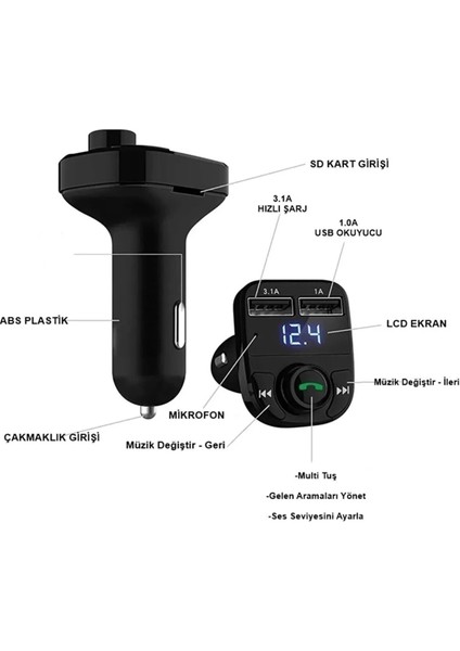 Pro X8 Araç Fm Transmitter 5.0 Bluetooth Araç Kiti USB Mp3 Sd Kart Çakmaklık Girişli Araba Uyumlu CAR8ZZ modelleri