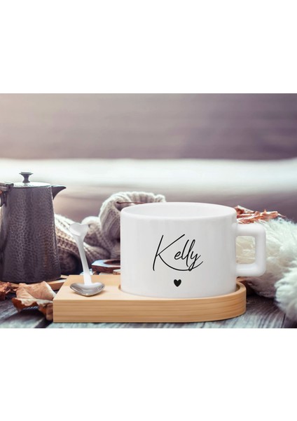 Kişiye Özel Isimli Ahşap Altlıklı Seramik Fincan, Doğum Günü Hediyesi, Arkadaşa Hediye, Ev Hediyesi, Kahve Ve Çay Bardak Seti-3