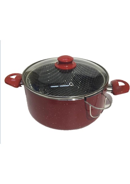 24CM Çap Özel Çentikli Cam Kapaklı Izgaralı Granit Cips Tenceresi 10CM Derin Yanmaz Yapışmaz Yüzey
