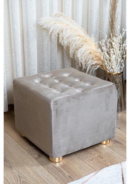 Premium Gold Ayaklı Vizon Düğmeli Kadife Kumaşlı Ahşap Puf,ev Salon Puf Bench Silinebilir Puf