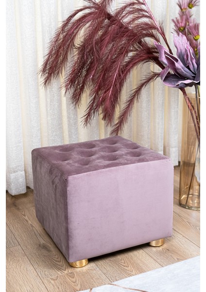 Premium Gold Ayaklı Gül Kurusu Düğmeli Kadife Kumaşlı Ahşap Puf,ev Salon Puf Bench Silinebilir Puf