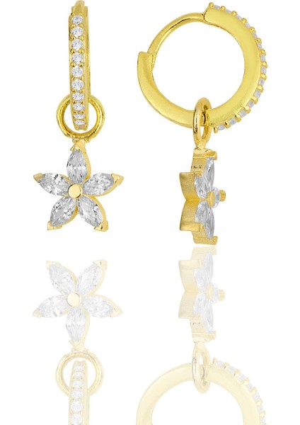 Gümüş Altın Yaldızlı Zirkon Taşlı Lotus Çiçeği Küpe