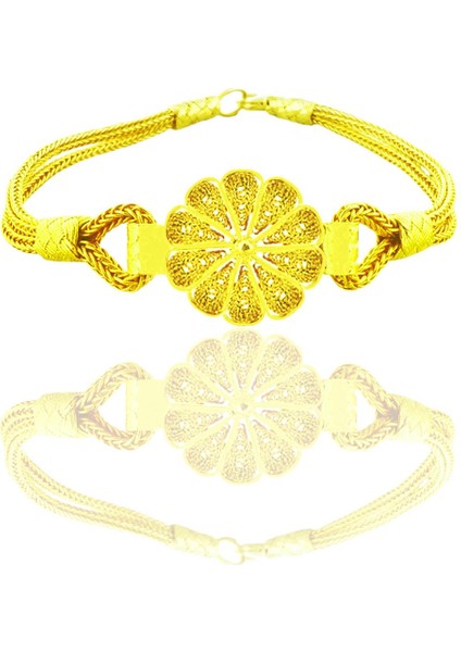 Gümüş Altın Yaldızlı El İşi Telkari ve Kazaziye İşlemeli Papatya Bileklik