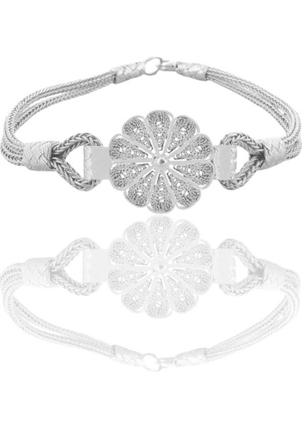Gümüş El İşi Telkari ve Kazaziye İşlemeli Papatya Bileklik