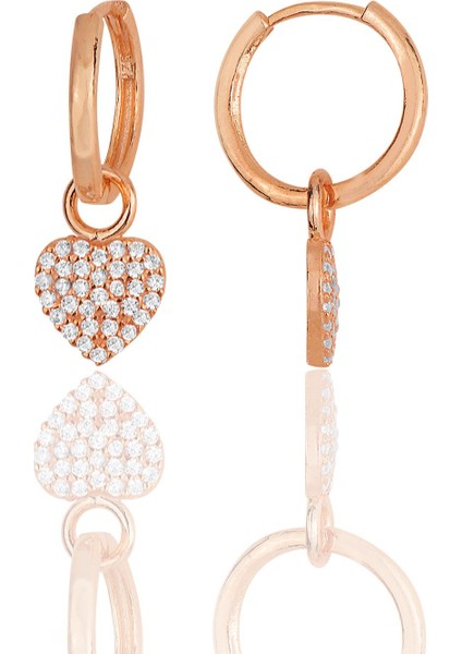 Gümüş Rose Zirkon Taşlı Kalp Küpe