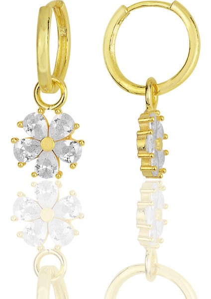 Gümüş Altın Yaldızlı Zirkon Taşlı Çiçek Küpe