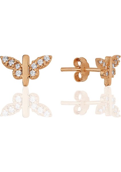 Gümüş Rose Zirkon Taşlı Kelebek Küpe