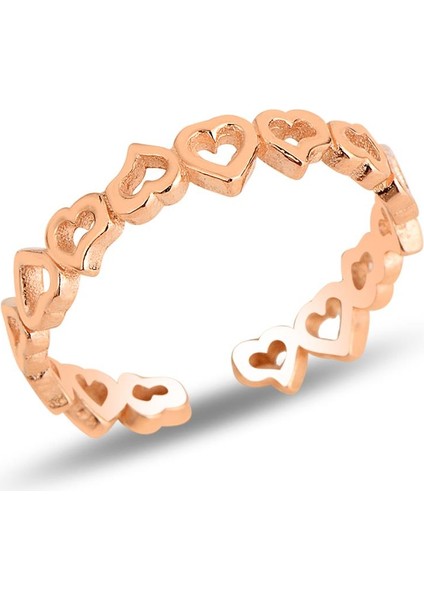 Gümüş Rose Birleşen Kalpler Ayarlamalı Yüzük